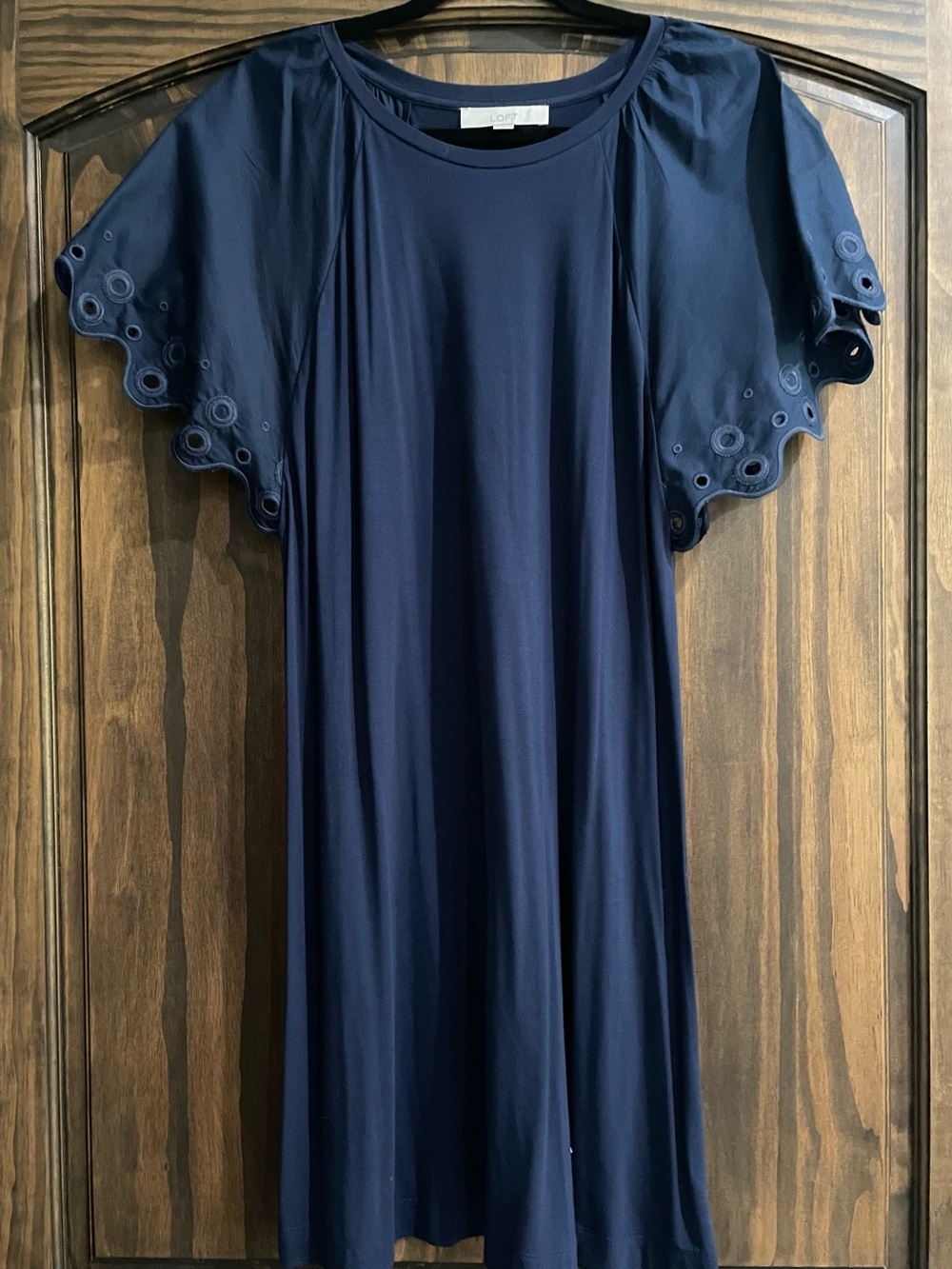 LOFT Navy Eyelet Flutter-Sleeve Midi Dress